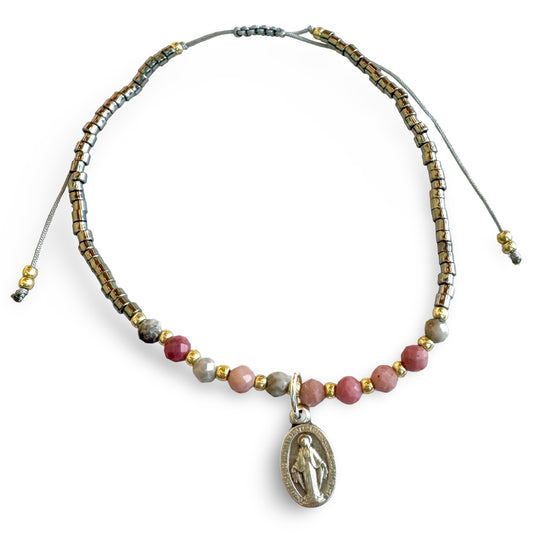 Multicolored String Bracelet with Metallic Beads and Miraculous Medal
