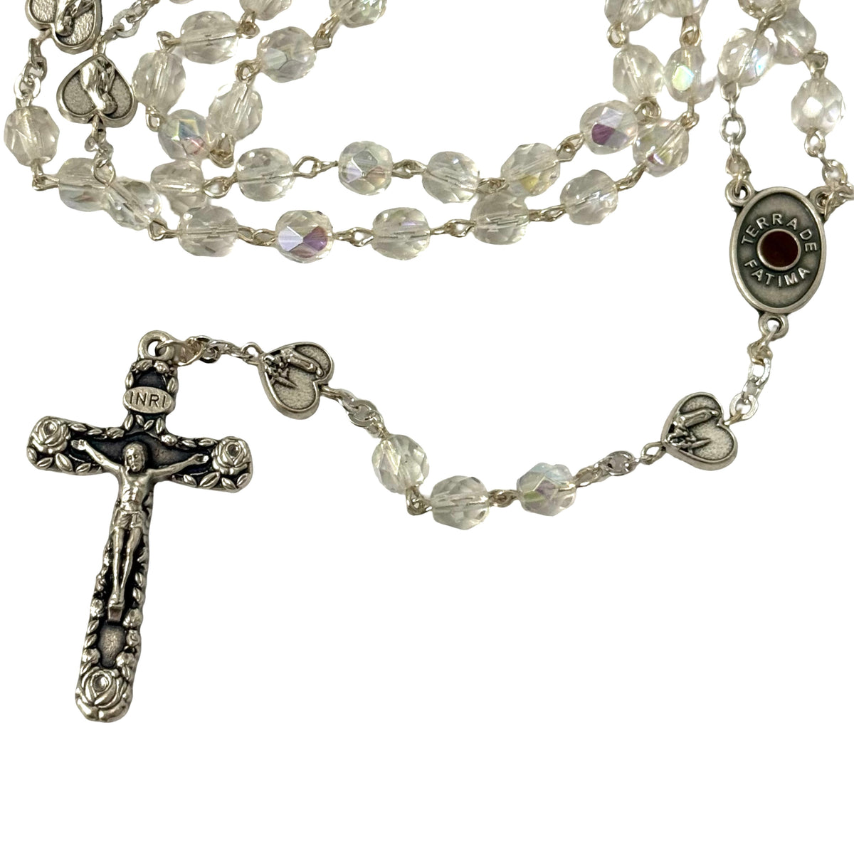 Crystal Fatima Rosary with Heart Beads and Soil