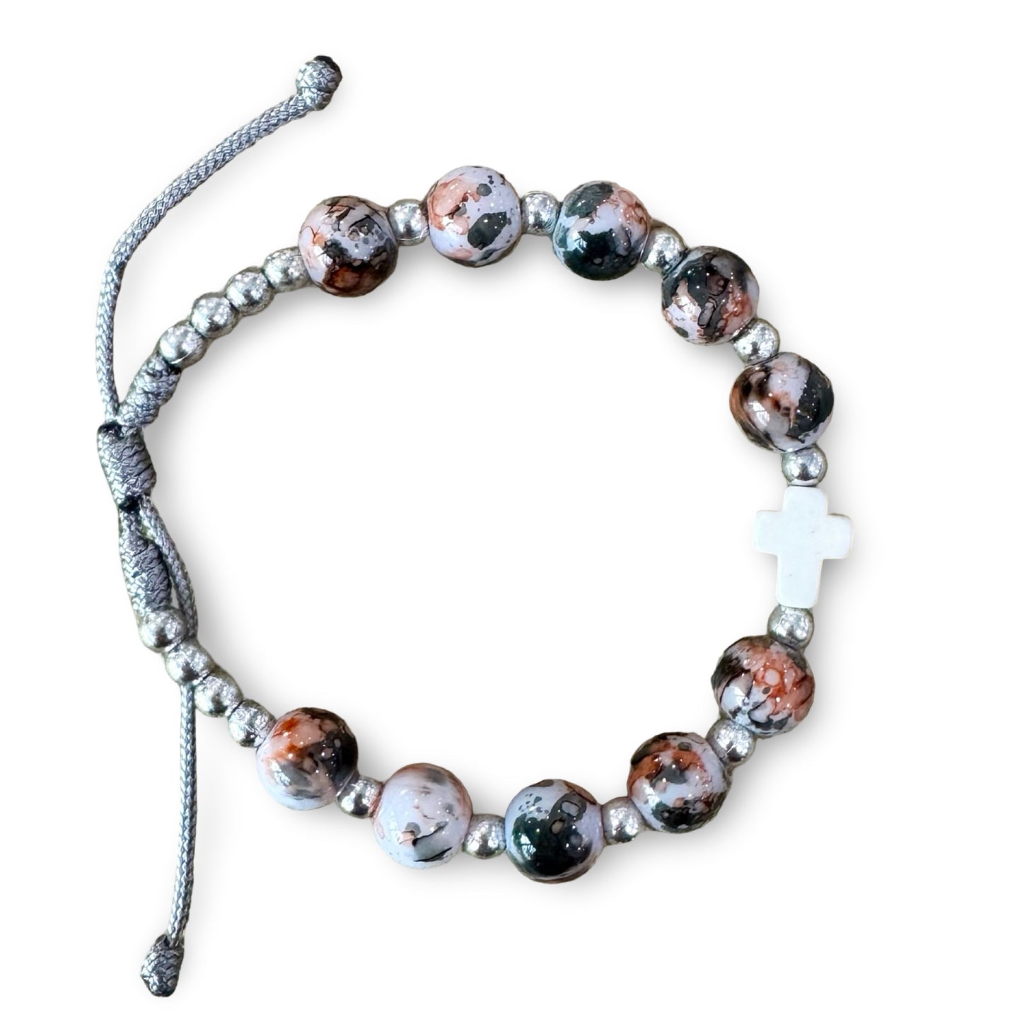 Marble Bead Queen of Peace Cord Bracelet With Colored Medal