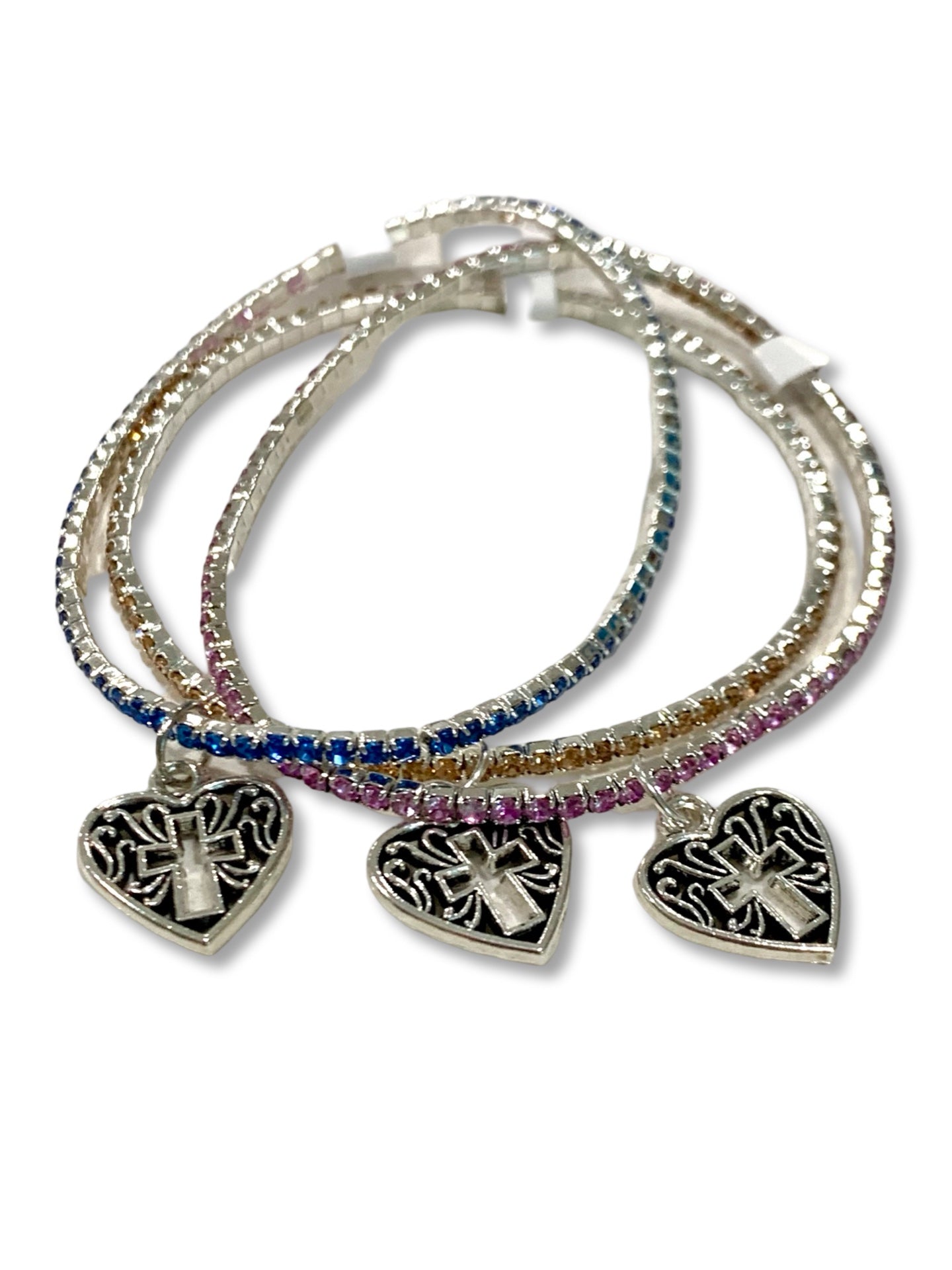 Silver Rhinestone Bracelet of Assorted Colors with Heart and Cross Pendant