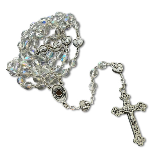 Crystal Rosary with Soil from Fatima and Heart Beads