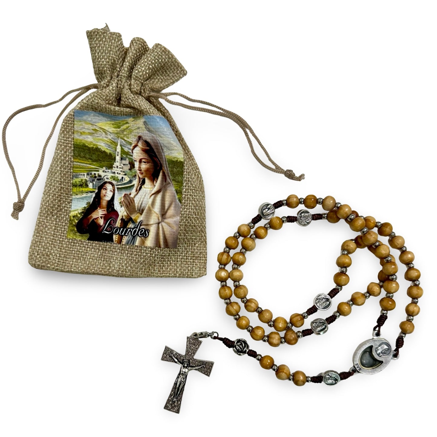 Wooden Rosary with Lourdes Water in Canvas Bag