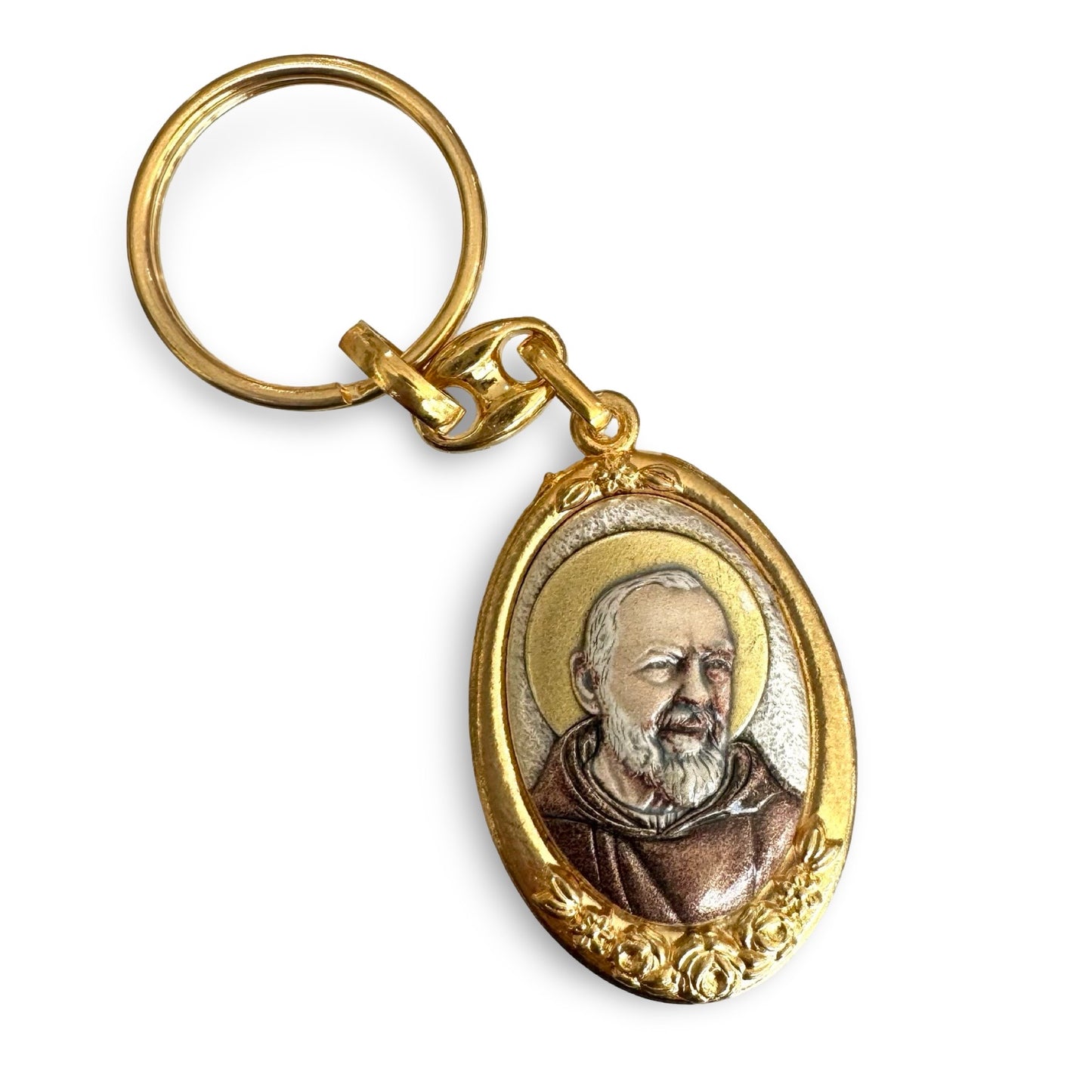 Padre Pio Gold Keychain With Colored Image