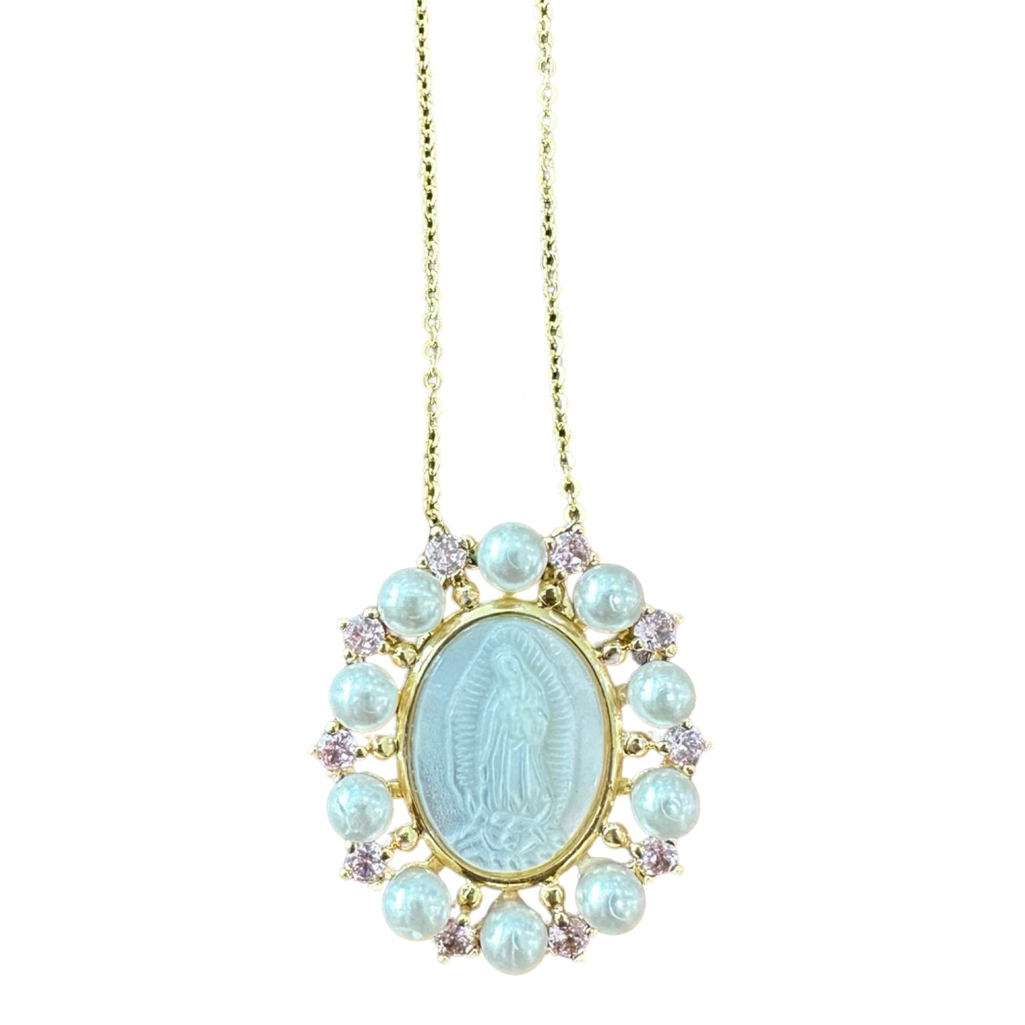 Our Lady of Guadalupe Necklace - Oval Mother of Pearl with Pink and Pearl Border