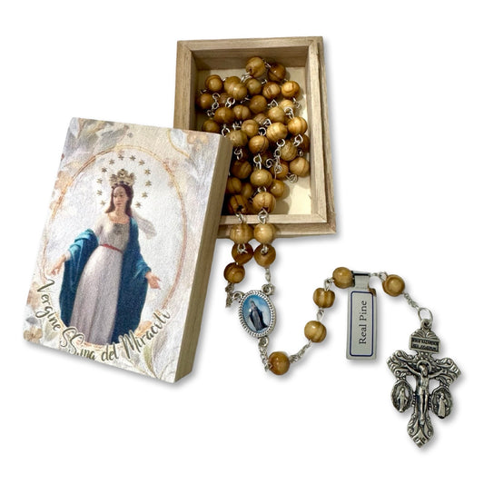 Pine Wood Miraculous Medal Rosary with Pardon Crucifix in a Wood Painted Box