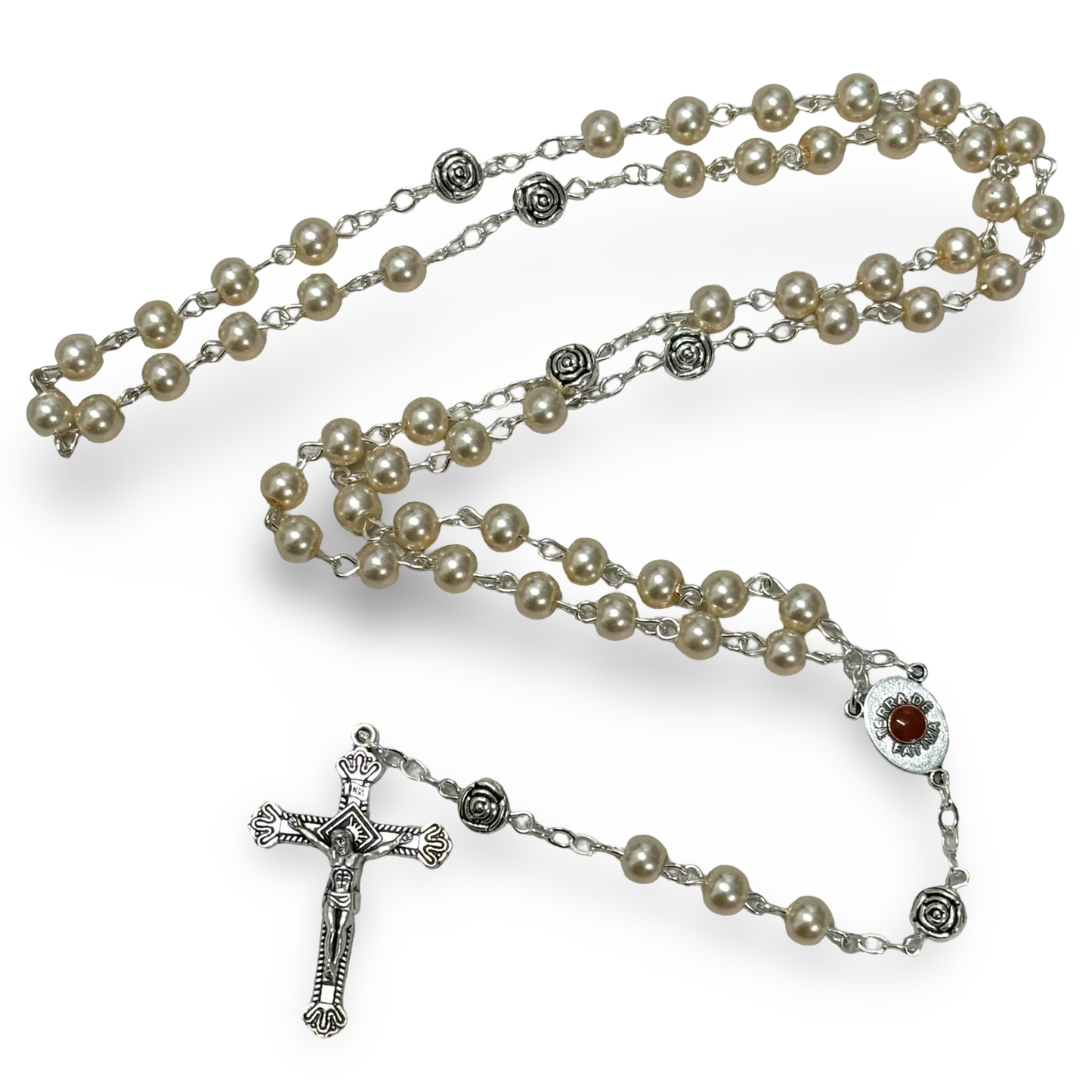 Pearl Fatima Rosary with Soil and Silver Rose Beads in Flower-Shaped Case