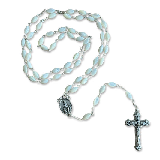 Oval Mother of Pearl Fatima Rosary with Heart Embellished Crucifix