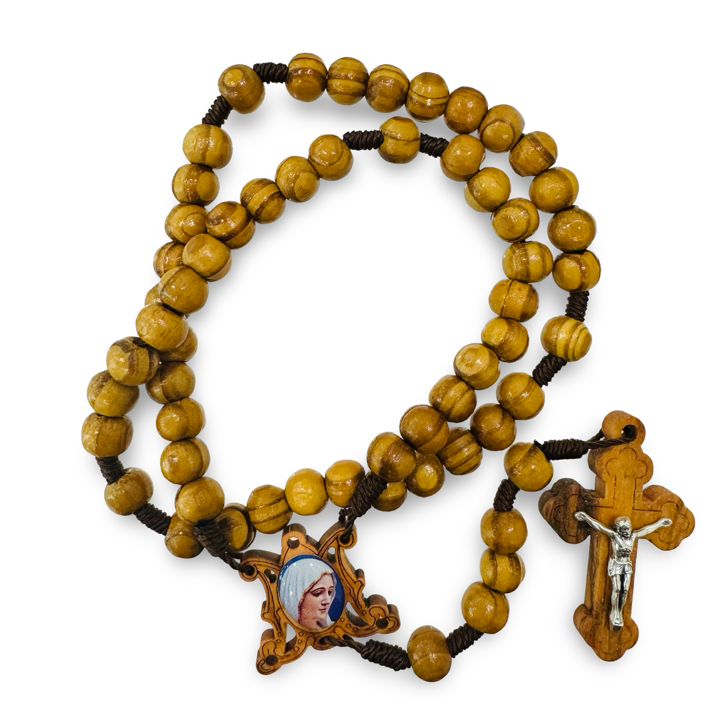 Wooden Fatima Rosary with Embellished Marian Center Medal