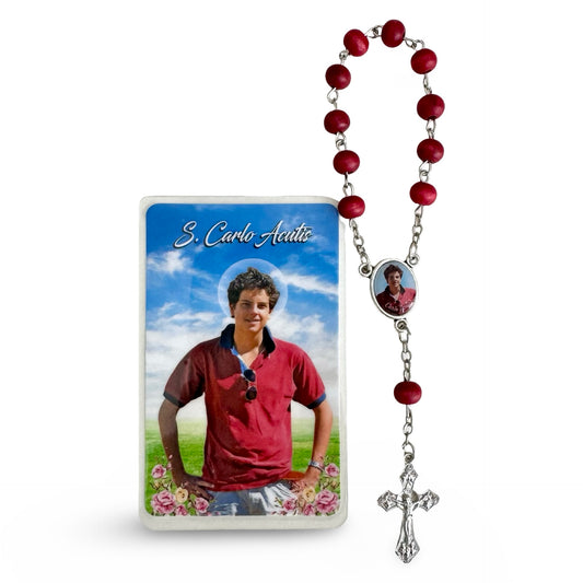 St. Carlo Acutis Red Decade Rosary with Holy Card
