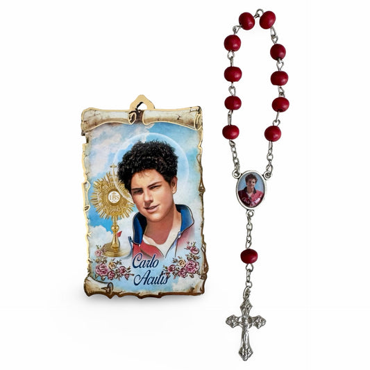 St. Carlo Acutis Red Decade Rosary with Small Plaque