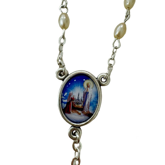 Small Pearl Lourdes Decade Rosary with Colored Centerpiece Medal and Holy Card