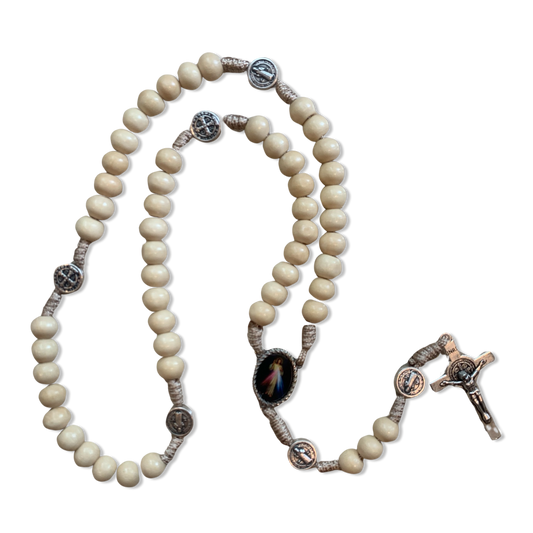 Cream Wood Bead with Cream String St. Benedict Rosary