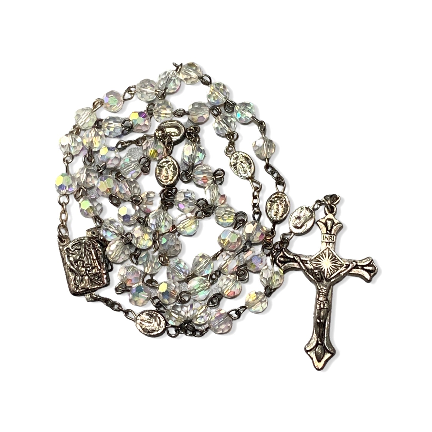 Crystal Lourdes Rosary with Fleur de Lis Crucifix