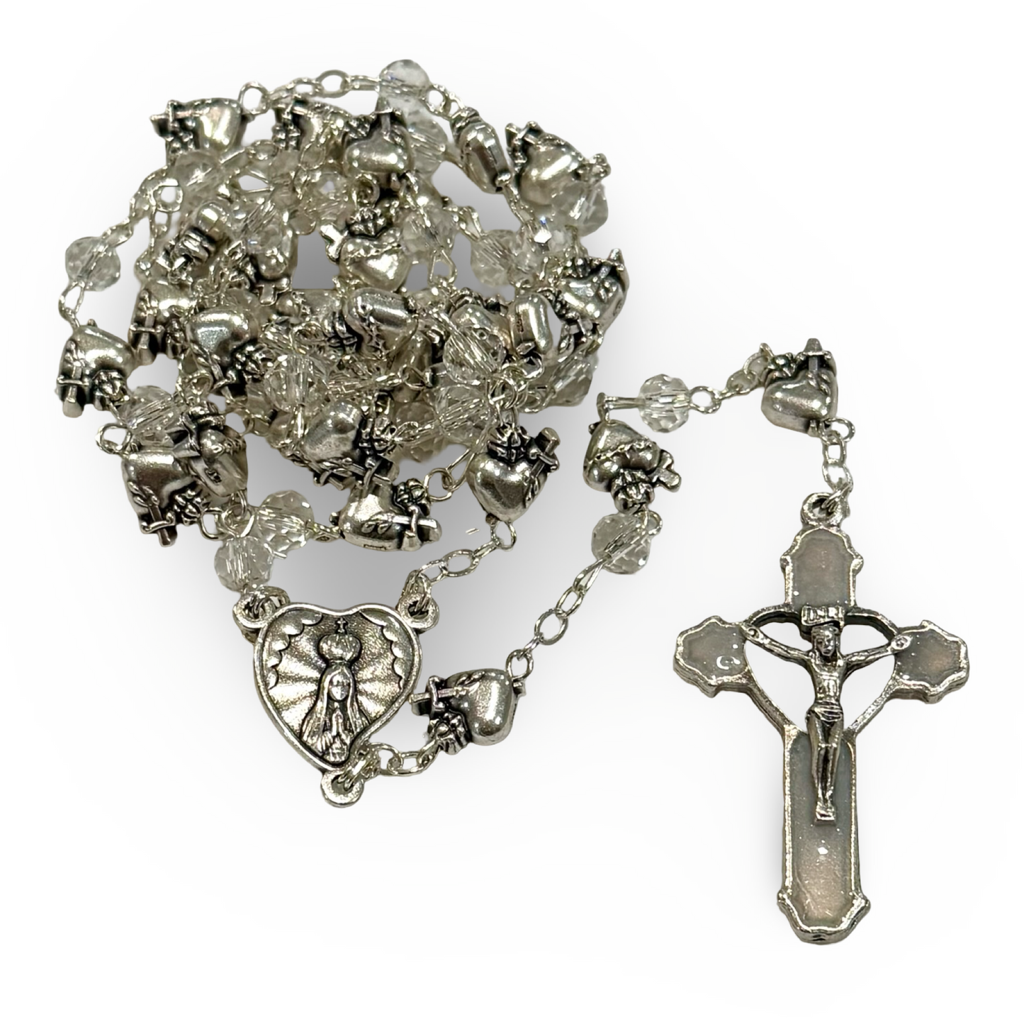 Crystal and Silver Pierced Hearts Fatima Rosary