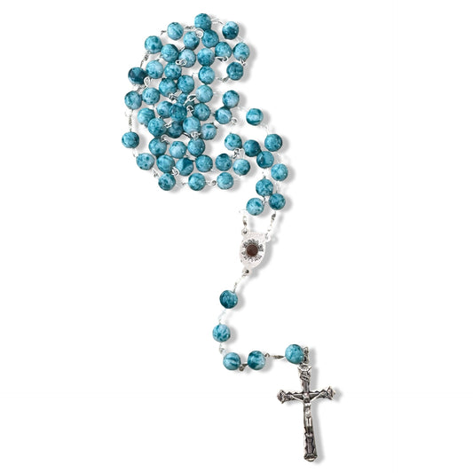Large Blue Marble Rosary with Soil from Fatima