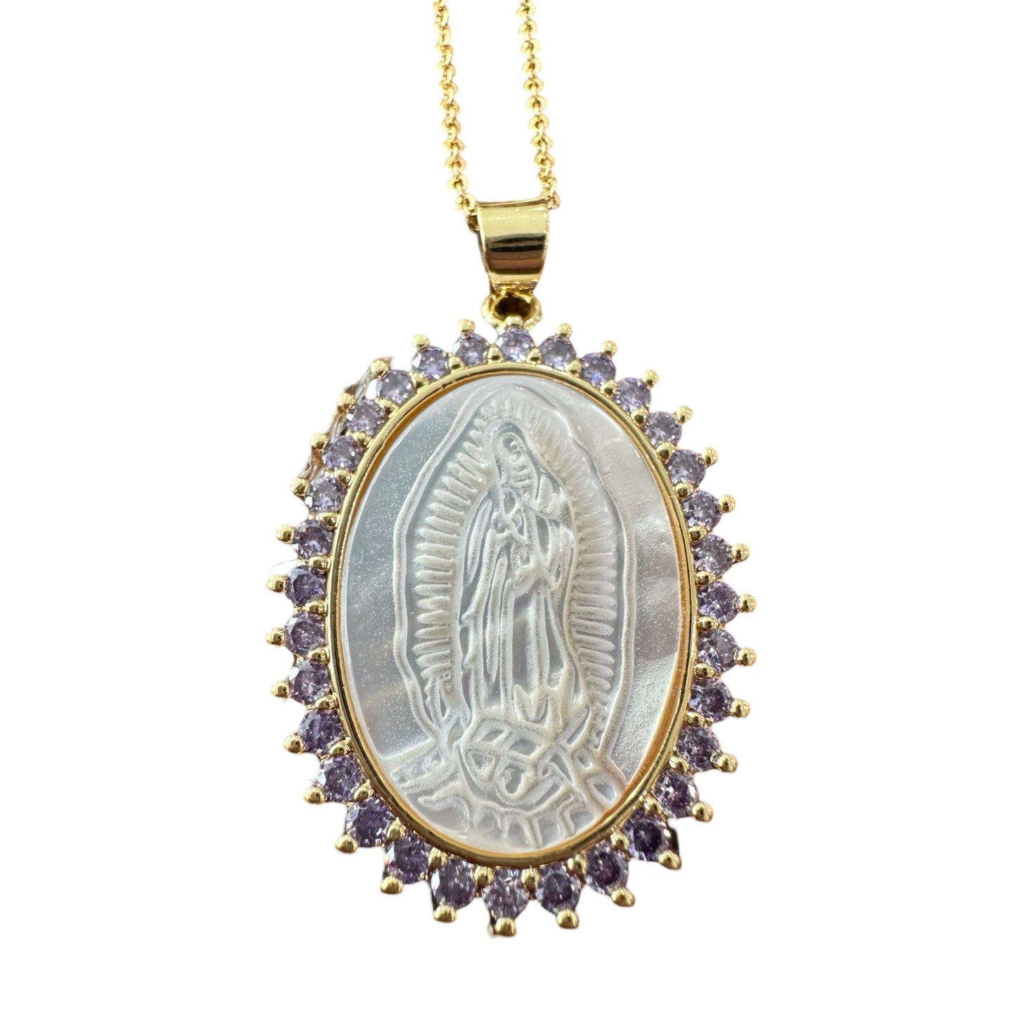 Our Lady of Guadalupe Necklace - Oval Mother of Pearl with Purple Border