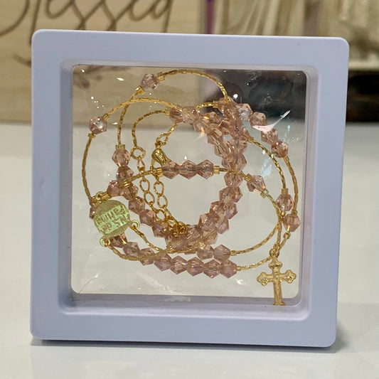 Gold and Pink Crystal Rosary Necklace in Framed Display Case