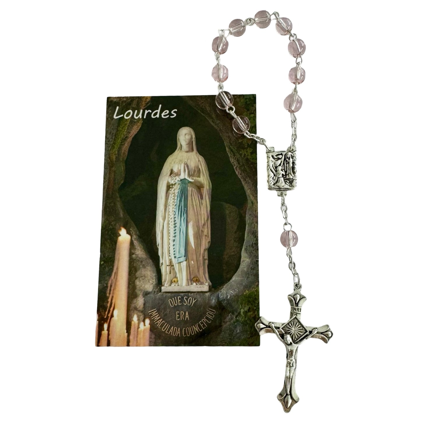 Round Crystal Lourdes Decade Rosary with Holy Card