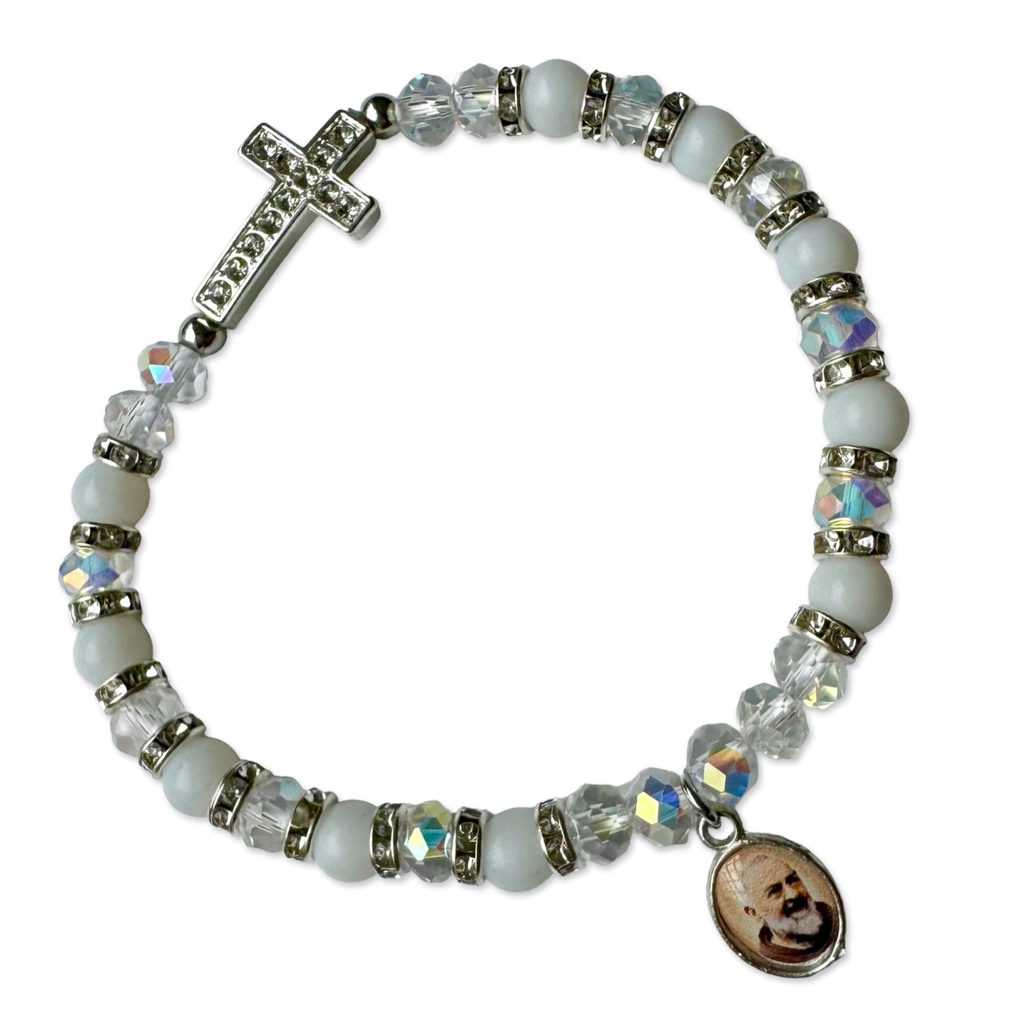 Padre Pio Pearl and Crystal Bracelet with Rhinestone Cross