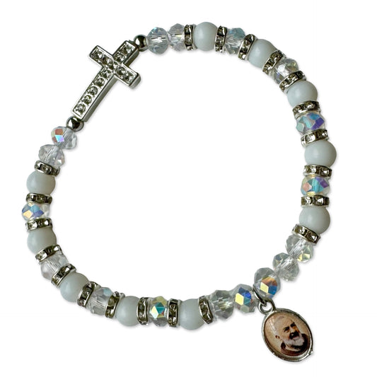 Padre Pio Pearl and Crystal Bracelet with Rhinestone Cross