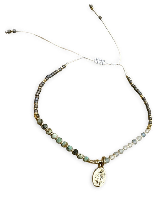 Tiny Beaded Miraculous Medal Adjustable Bracelet
