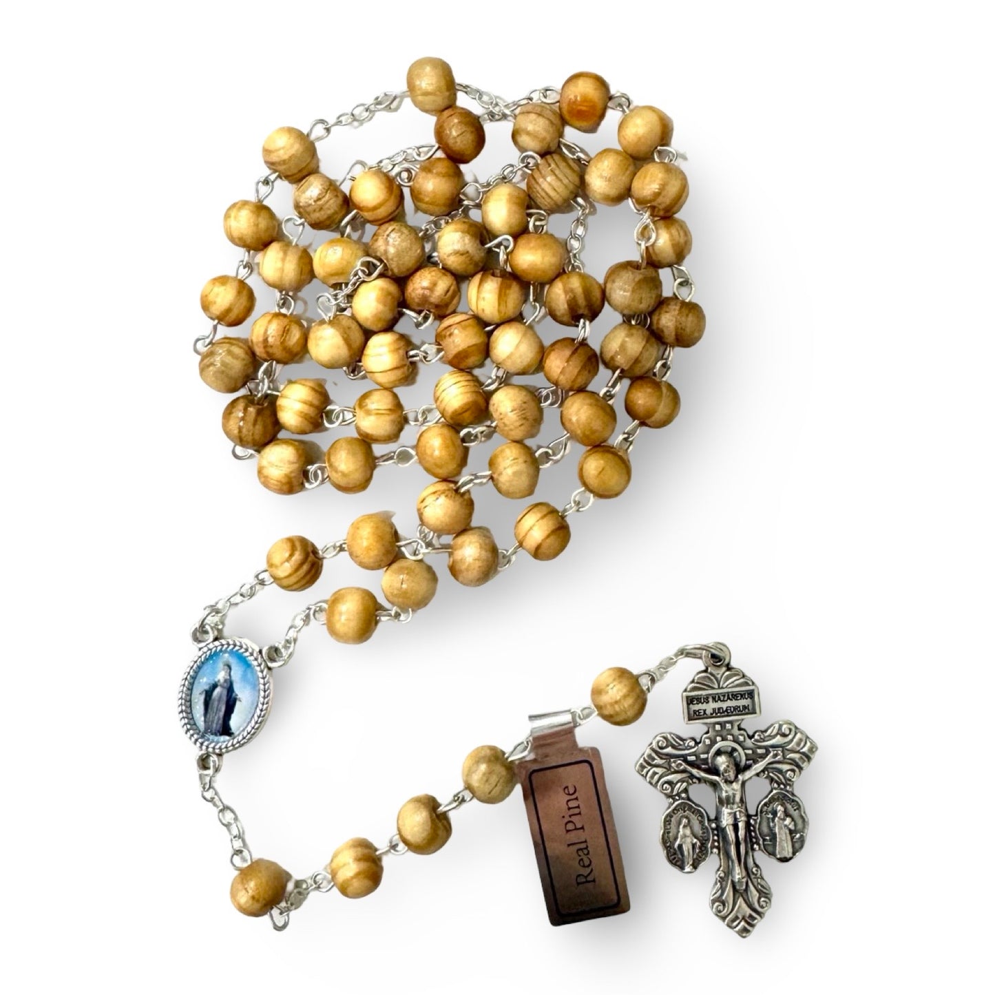 Pine Wood Miraculous Medal Rosary with Pardon Crucifix in a Wood Painted Box