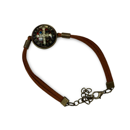 St. Benedict Leather Band Bracelet with Holy Card