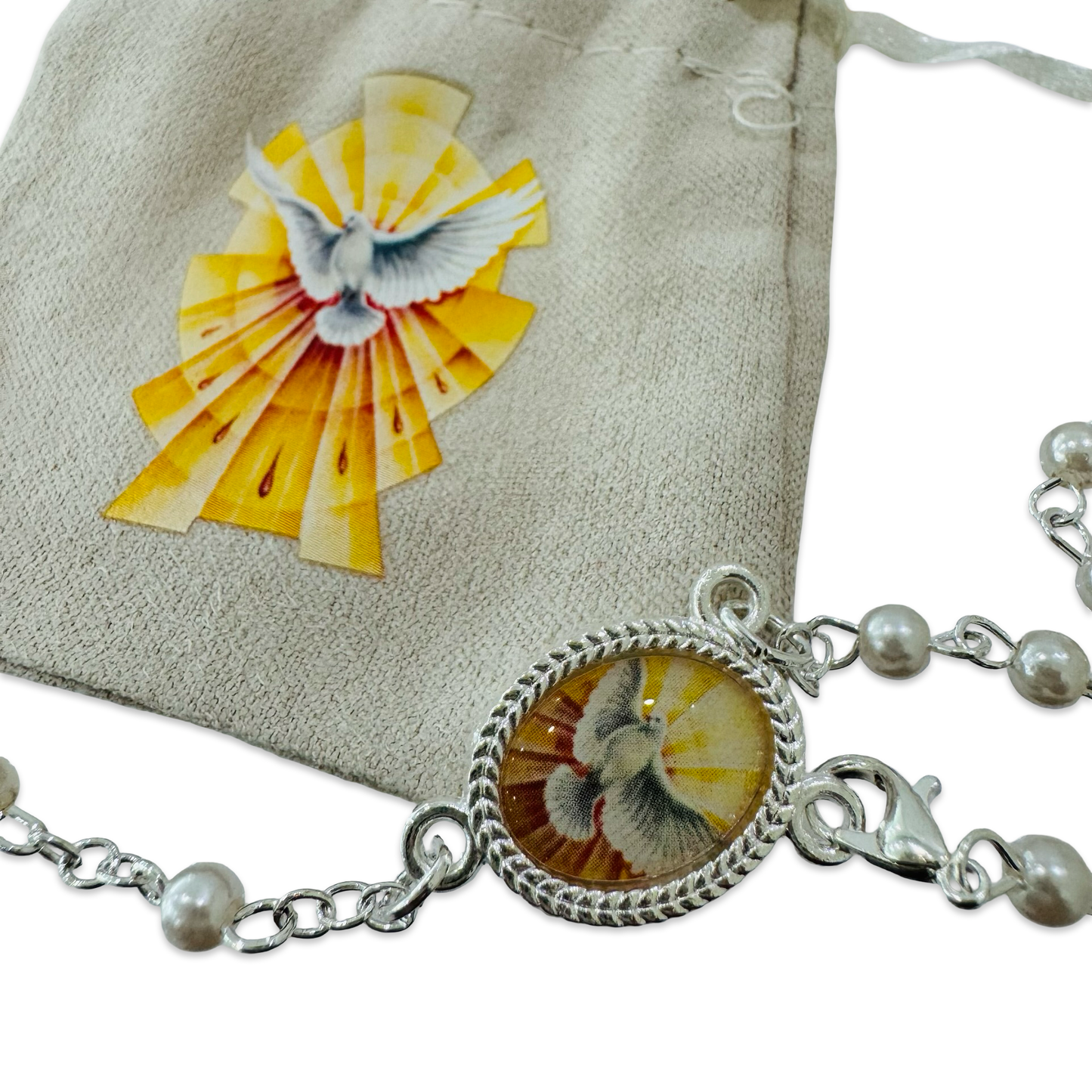 Holy Spirit Rosary in Cloth Drawstring Pouch