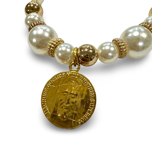 Pearl and Gold Beaded Bracelet with the Face of Jesus