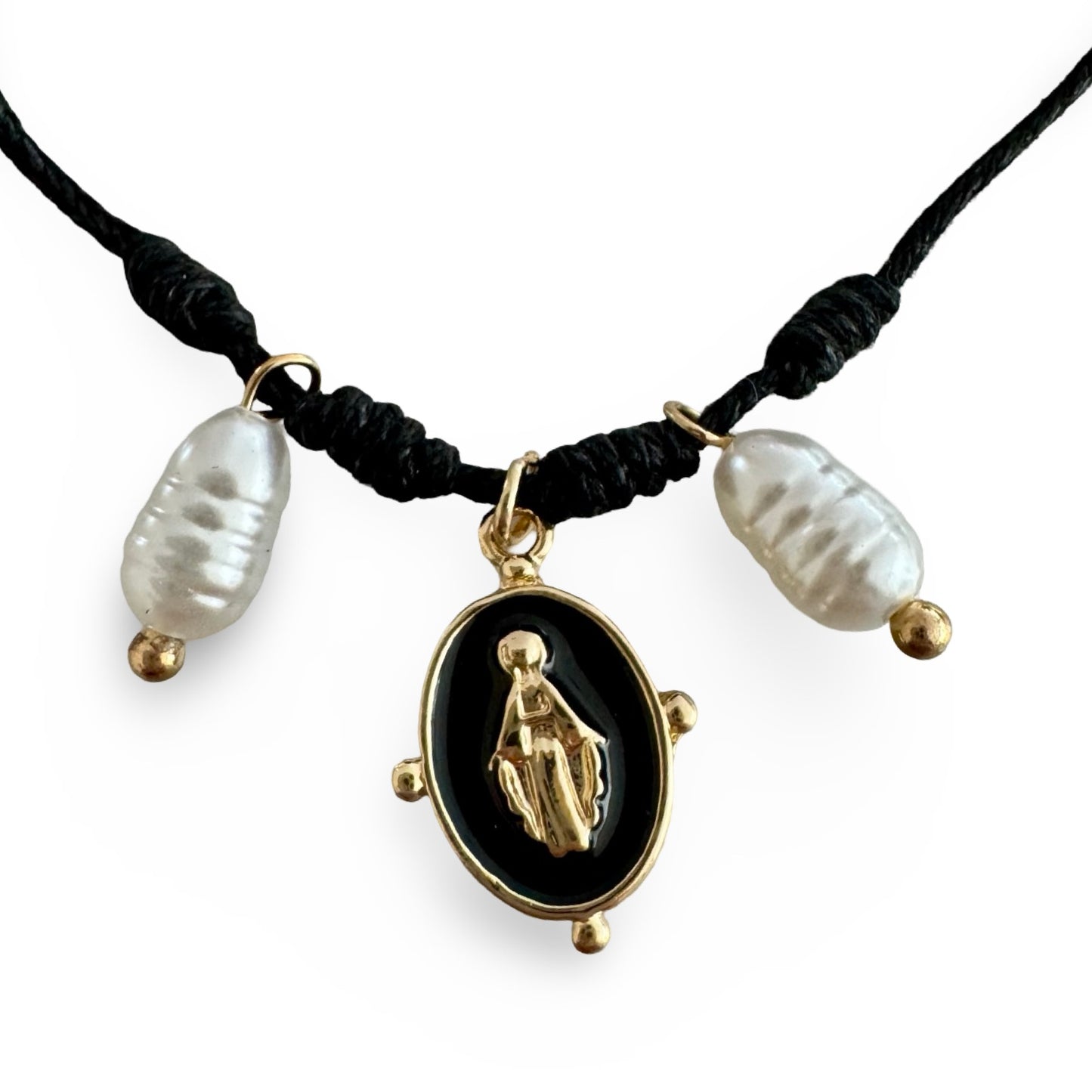 Adjustable Black String Bracelet with a Miraculous Medal and Pear Accents