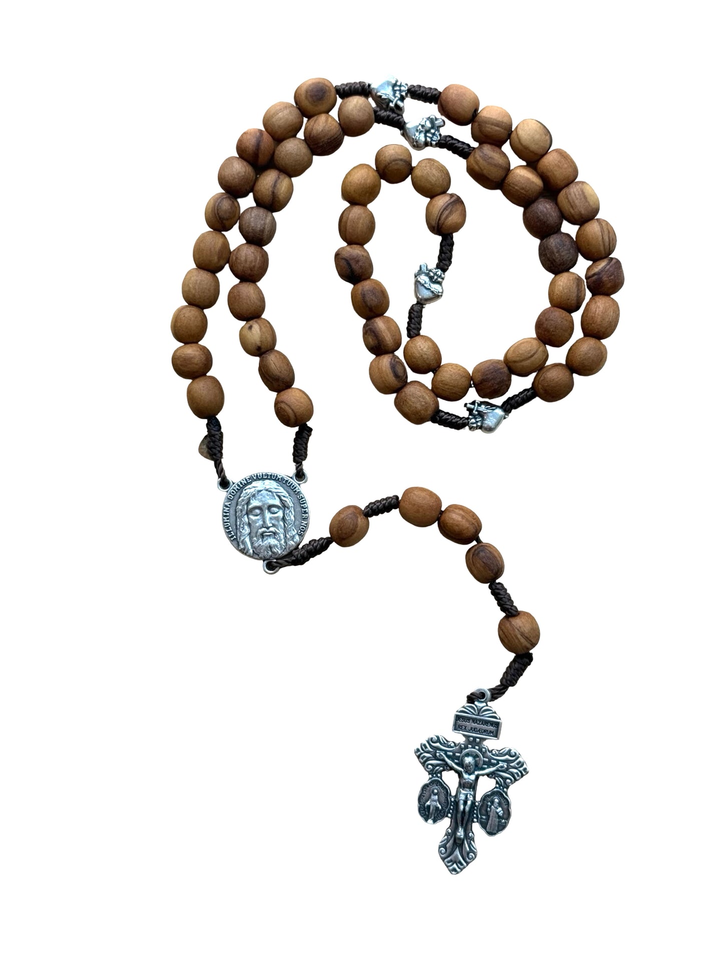 Olive Wood Holy Face of Jesus Pierced Hearts Rosary with Pardon Crucifix