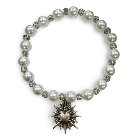 Large Pearl Sacred Heart Bracelet with Rhinestone Accents