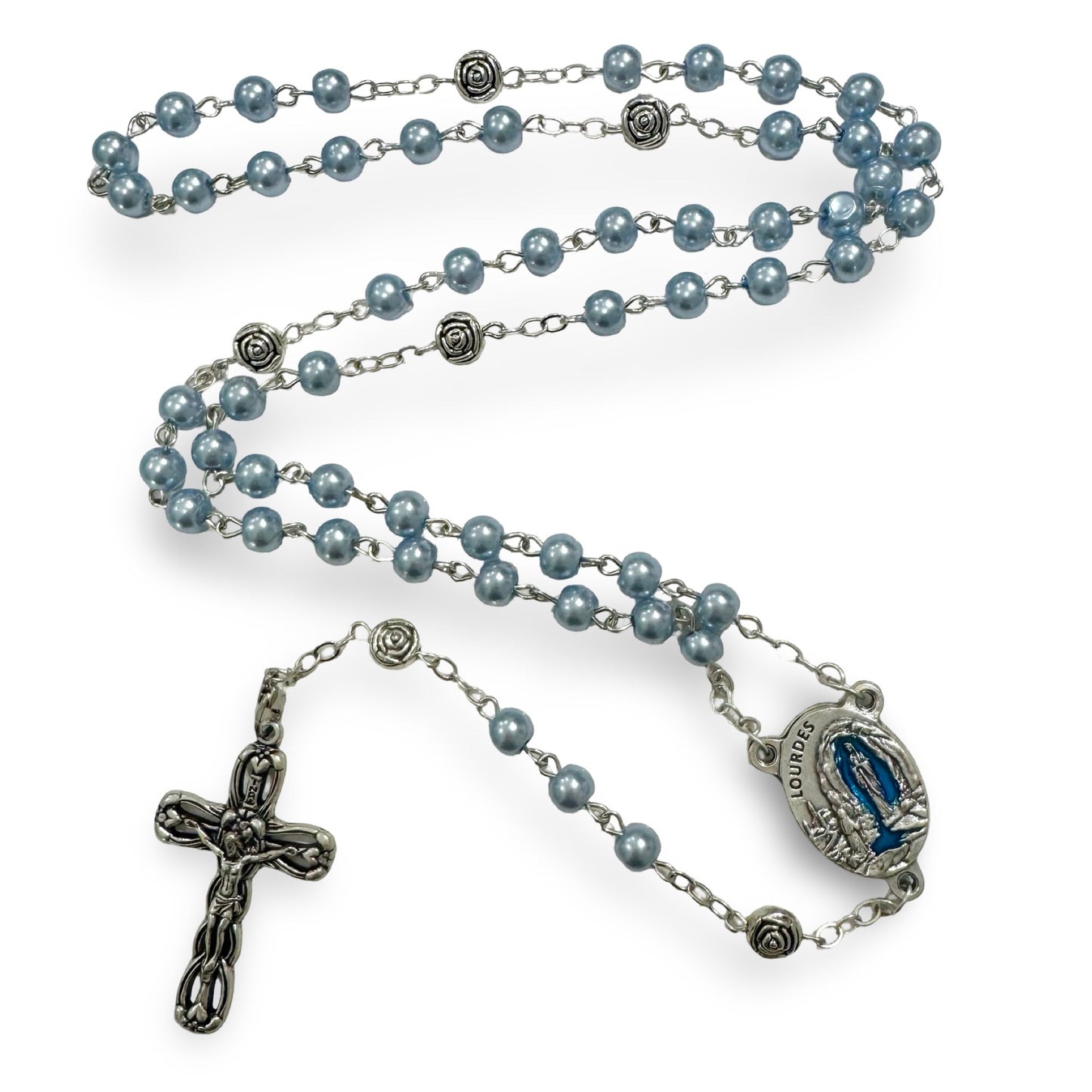 Blue Pearl Rosary with Lourdes Water and Rose Accents