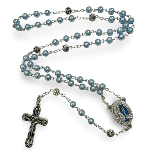 Blue Pearl Rosary with Lourdes Water and Rose Accents