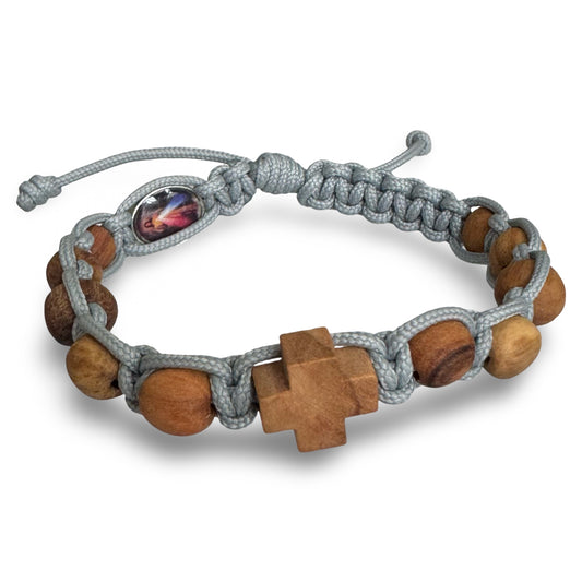 Olive Wood Queen of Peace Cord Bracelet With Colored Medal