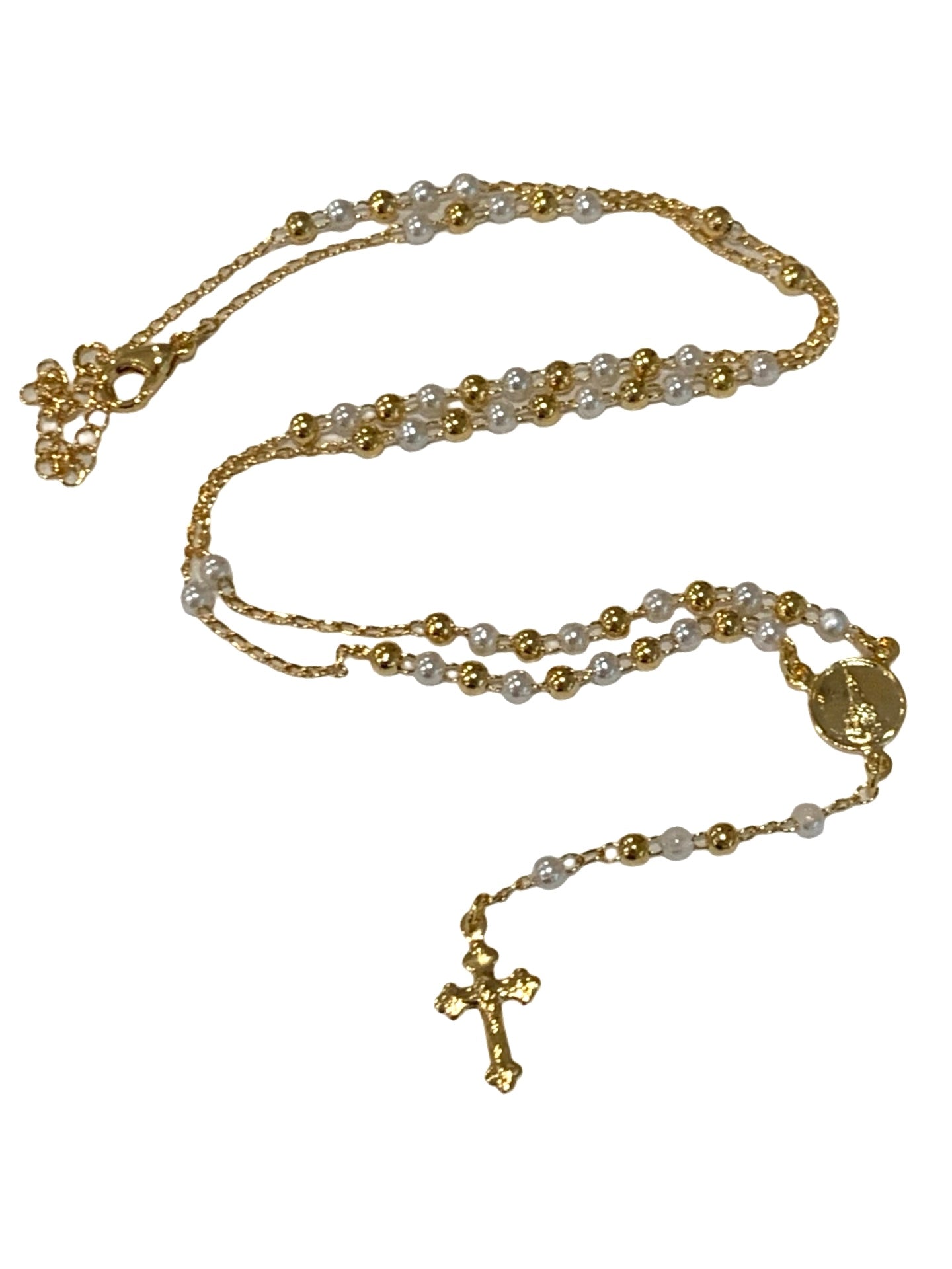 Gold and Pearl Rosary Necklace with Crystal Accent in Framed Display Case