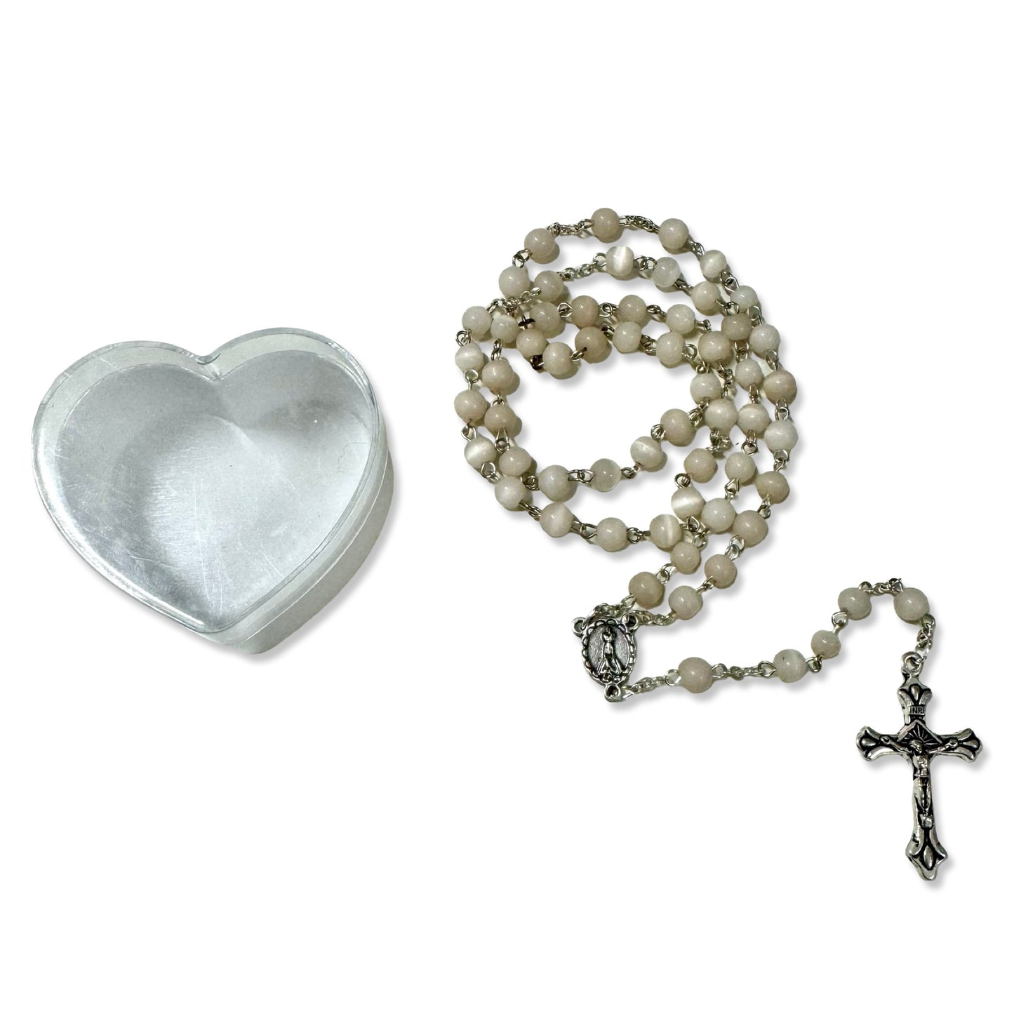 Light Pink Fatima Rosary in Heart Shaped Case