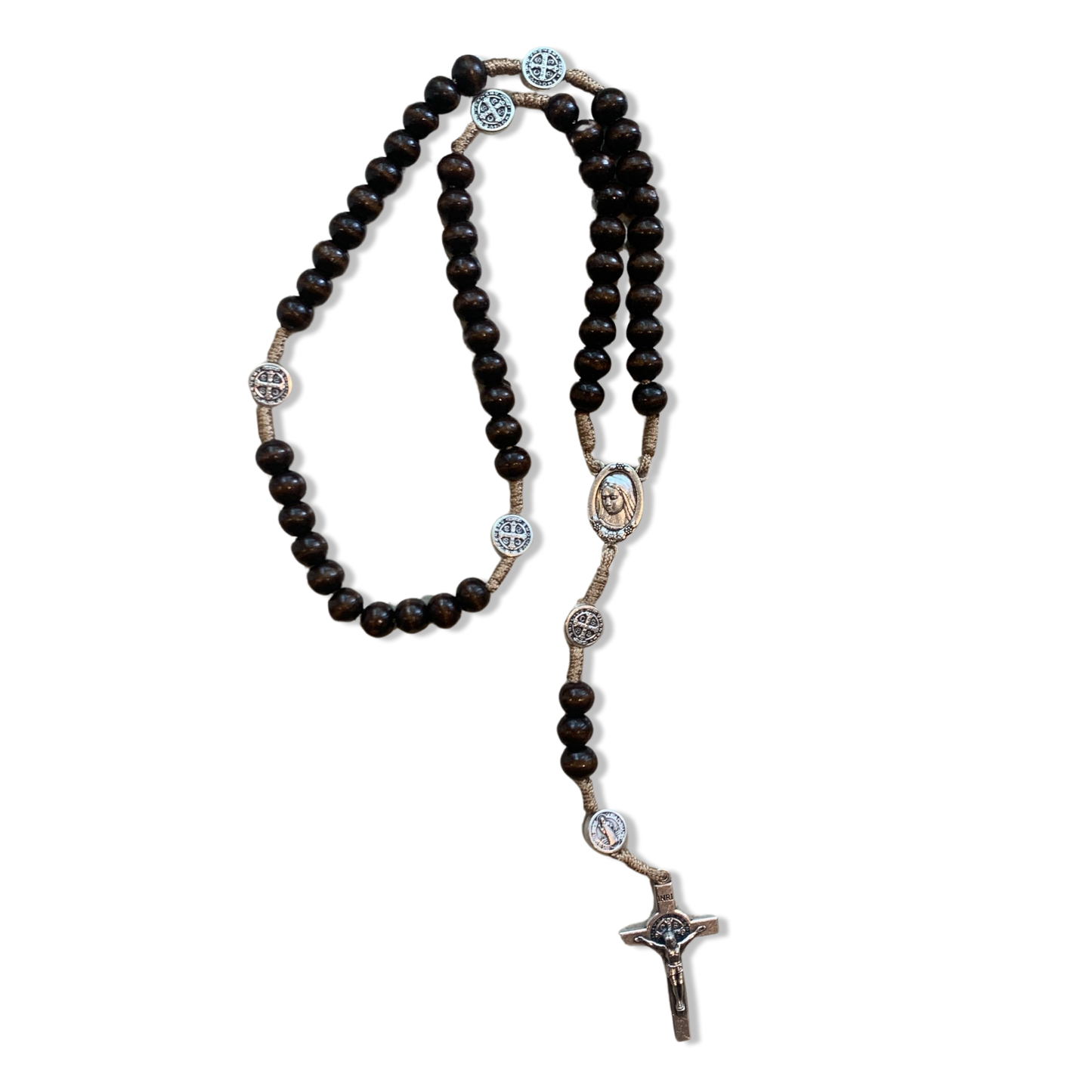 Dark Wood Bead with Cream String St. Benedict Rosary