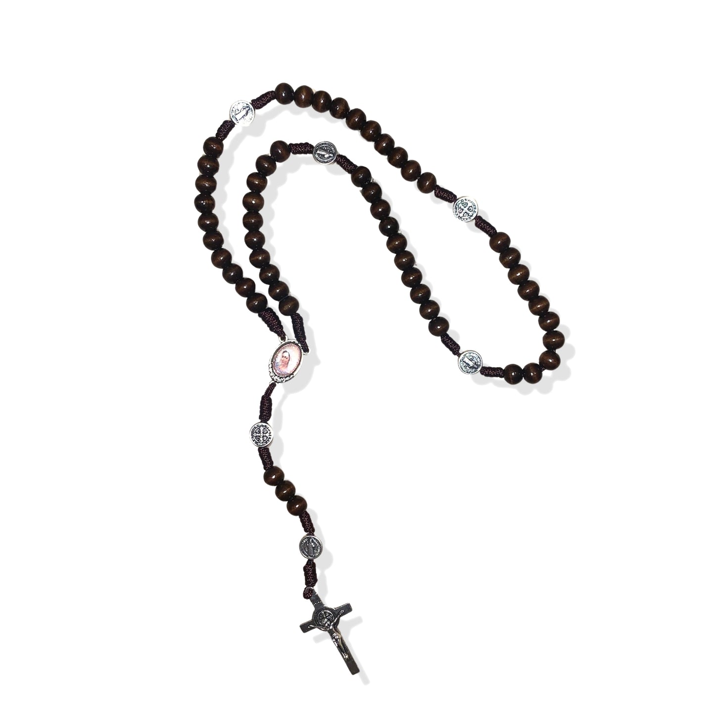 Dark Wood Bead with Blue String St. Benedict Rosary
