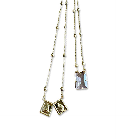 Gold Scapular Necklace with Purple Crystal Accent