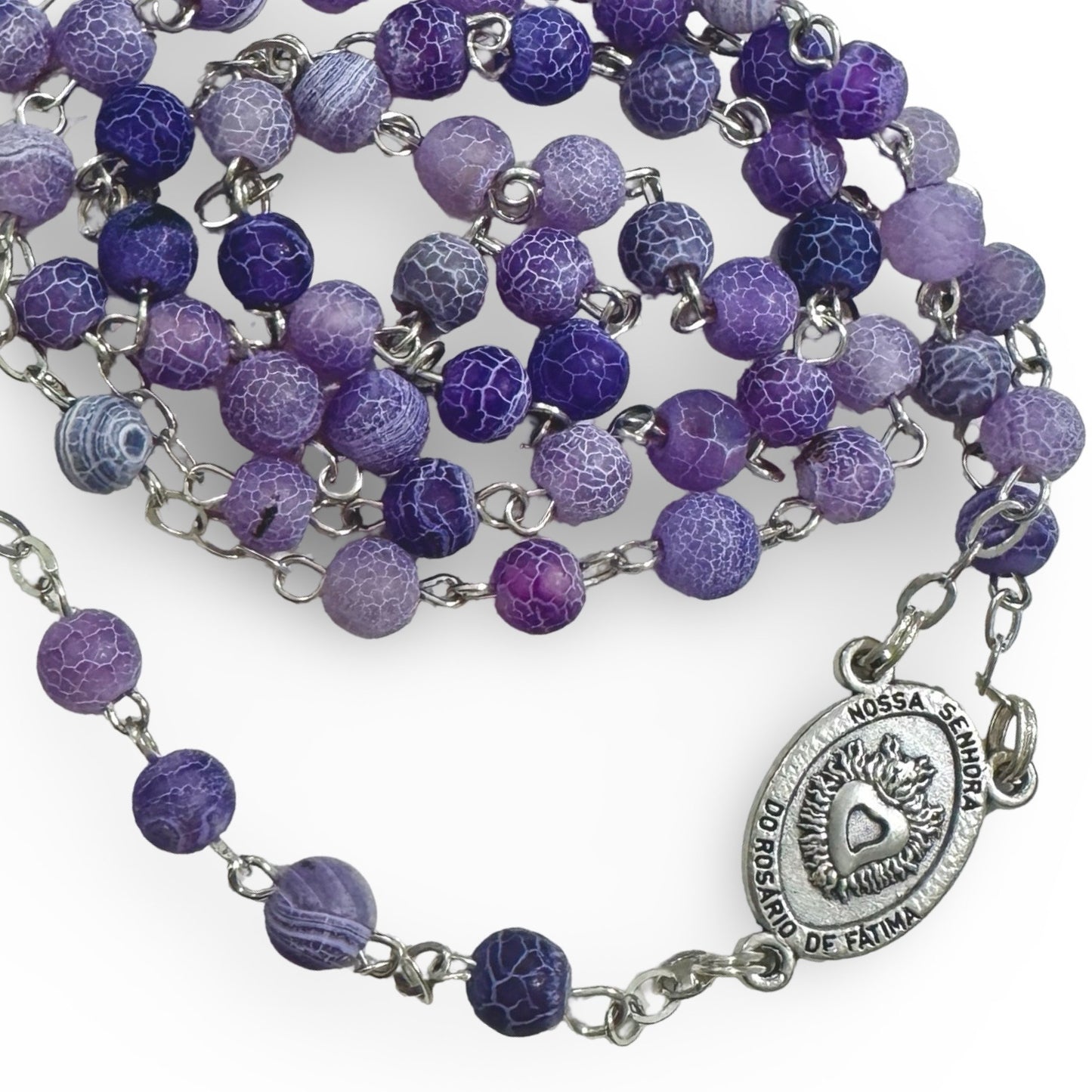 Fatima and Sacred Heart Rosary with Frosted Crackle Beads of Assorted Colors
