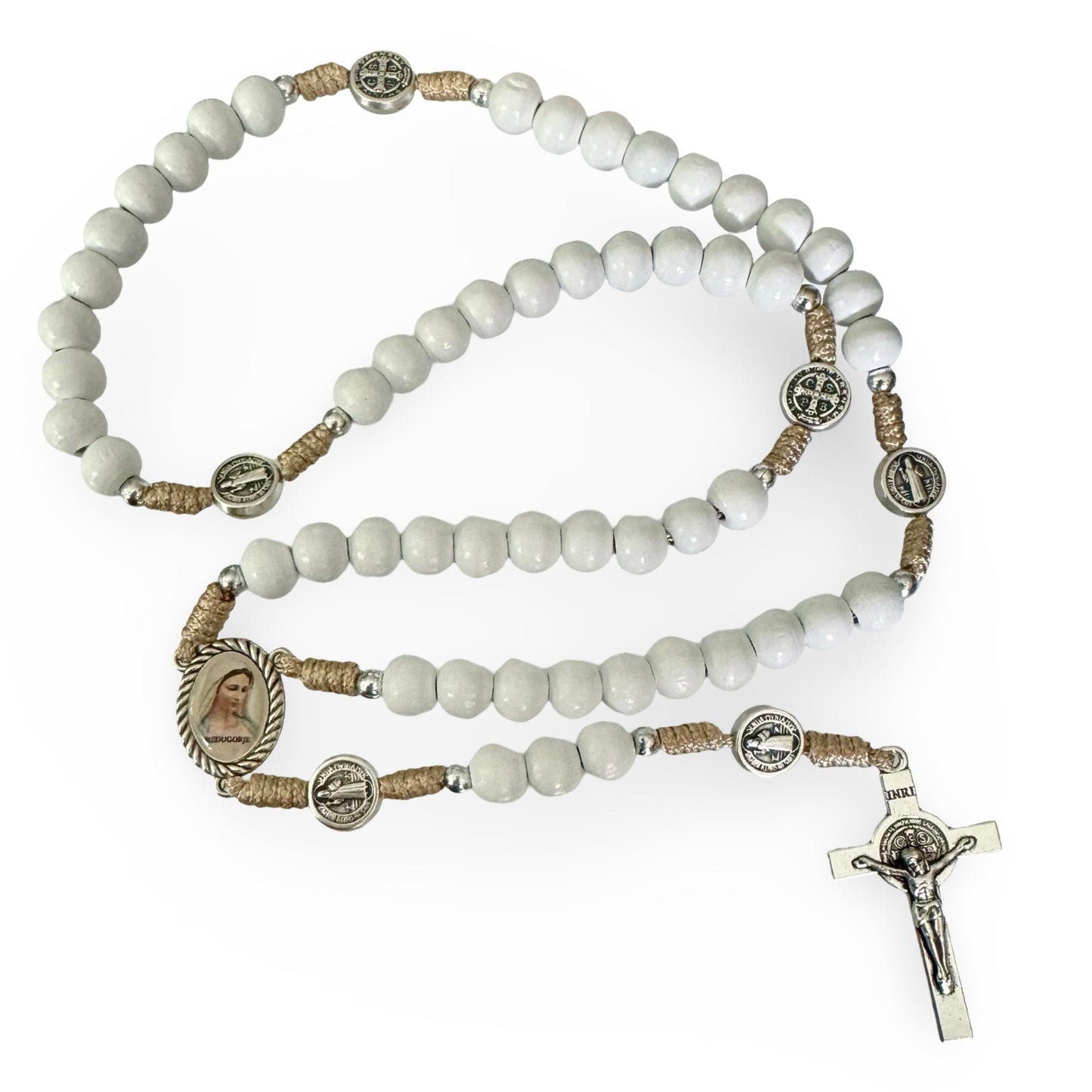 Wooden Our Lady Queen of Peace Rosary with St. Benedict Medal Accents