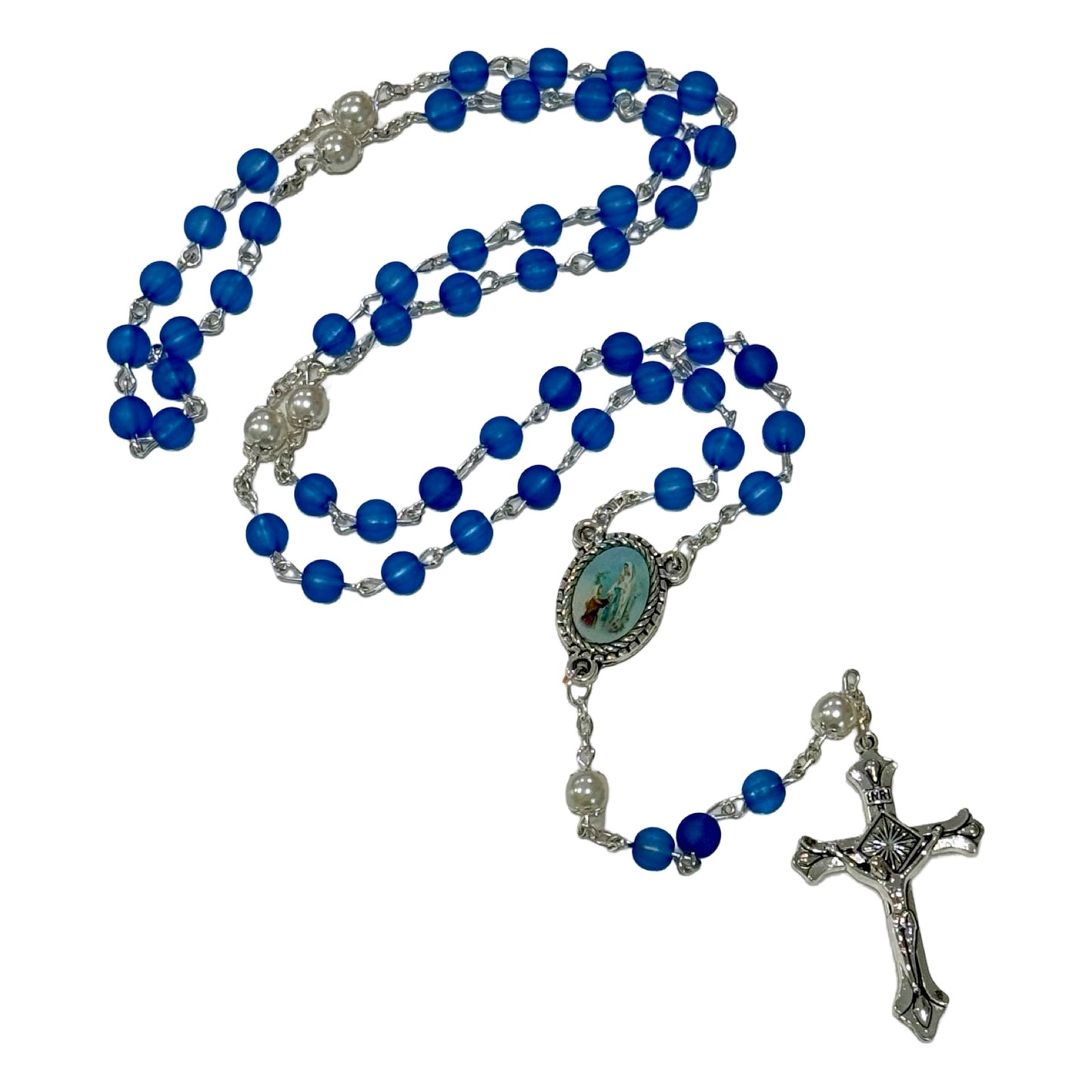 Blue Crystal and Pearl Lourdes Rosary with Colored Medal