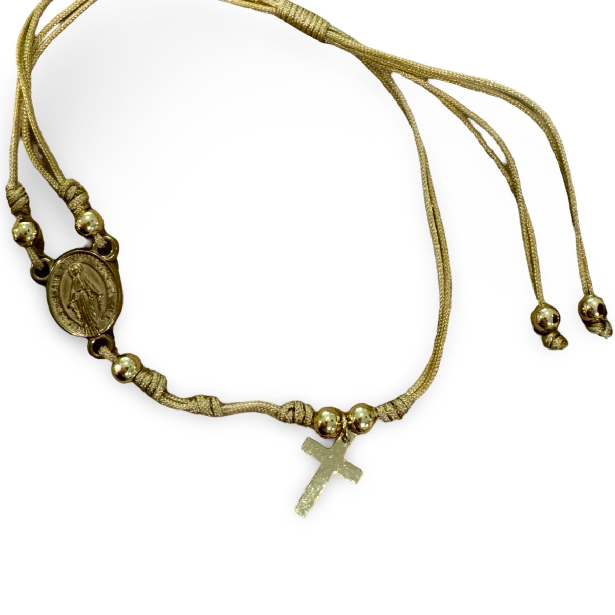 Gold Miraculous Medal and Cross String Bracelet