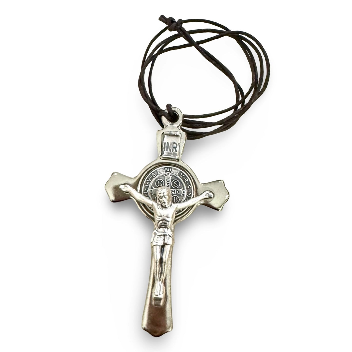 Silver St. Benedict Crucifix with Brown Rope