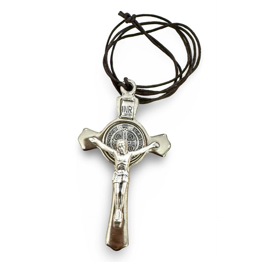Silver St. Benedict Crucifix with Brown Rope