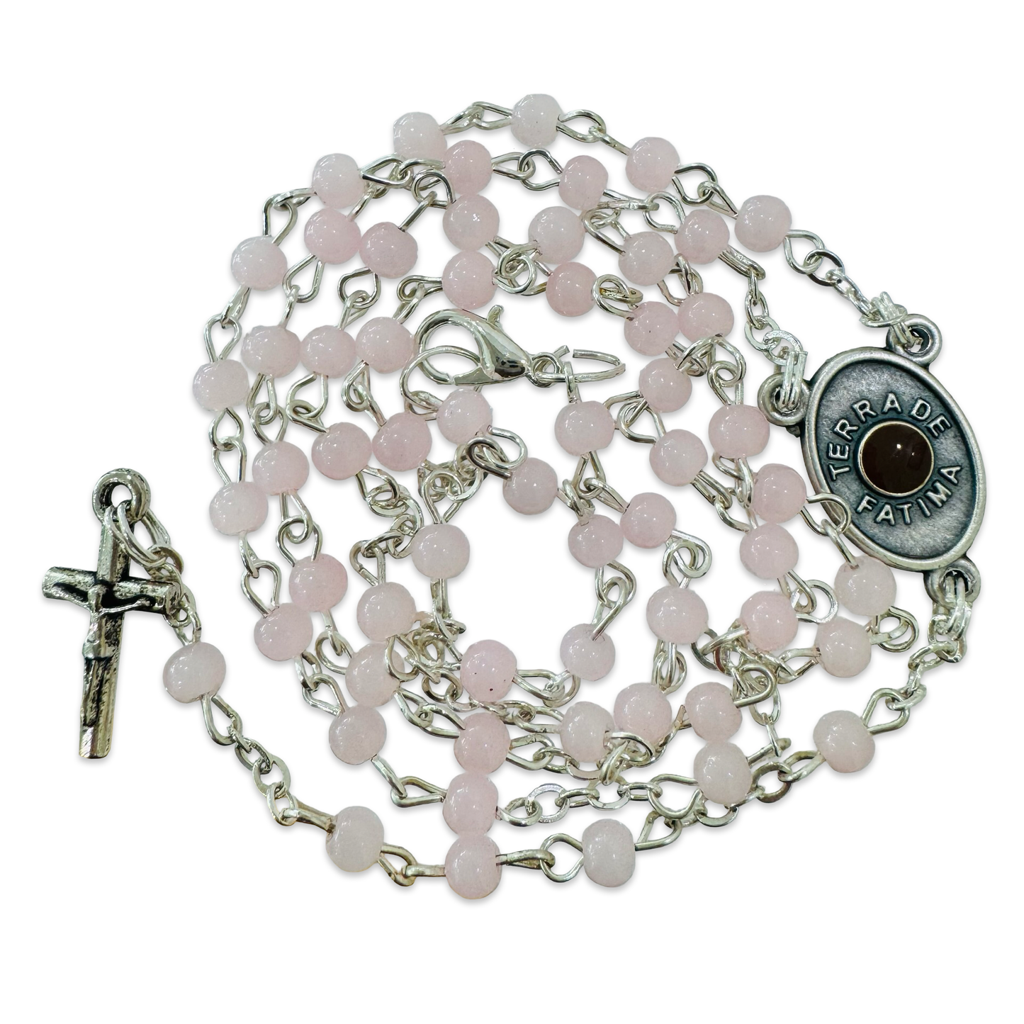 Tiny Pink Fatima Rosary Necklace with Soil