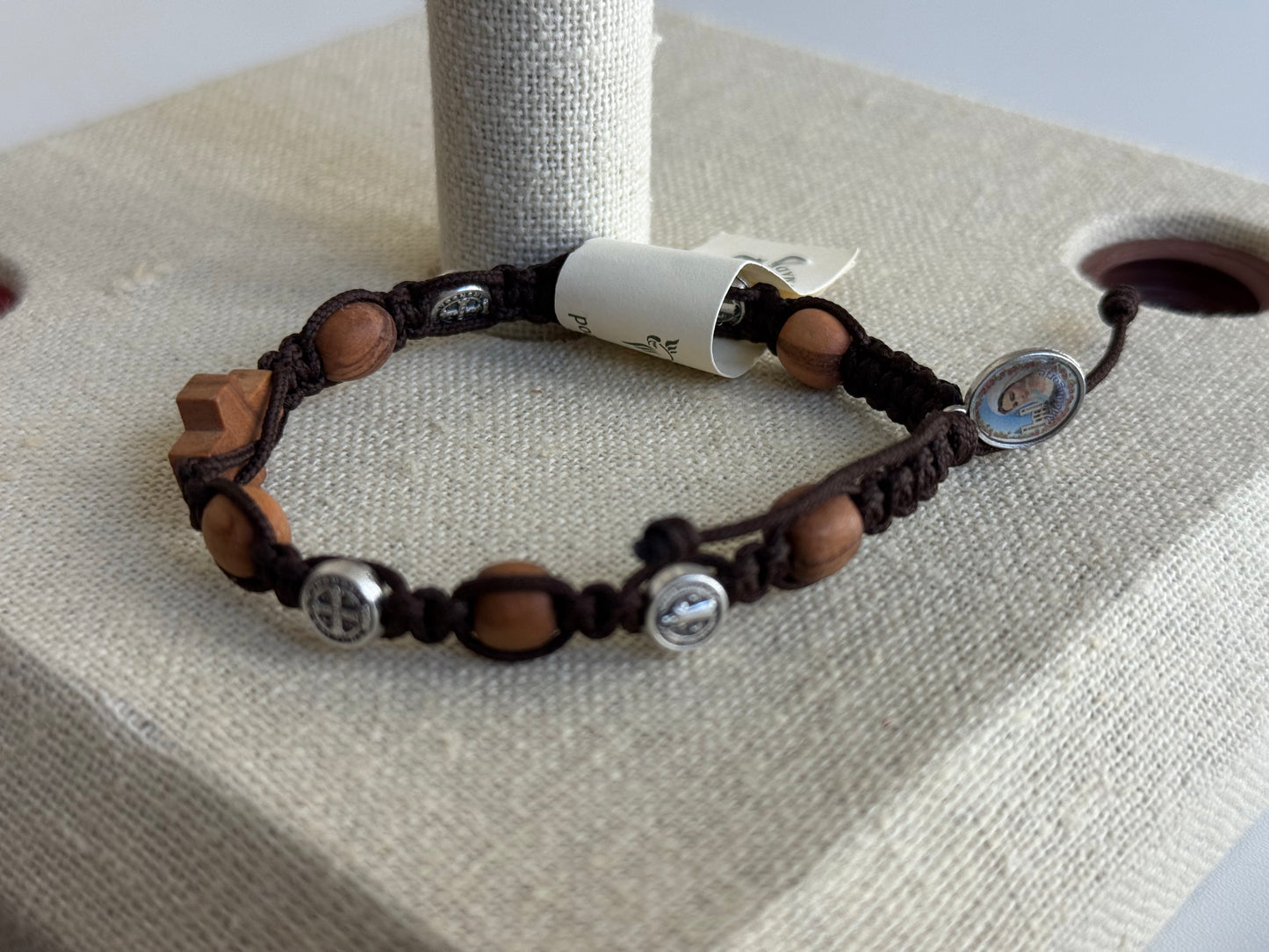 Oval Wooden Beads with Wooden Cross St. Benedict Decade Rosary Bracelet