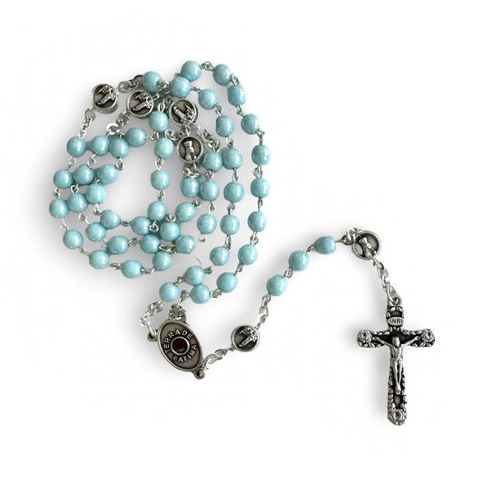 Light Blue Rosary with Embellished Cross and Soil from Fatima