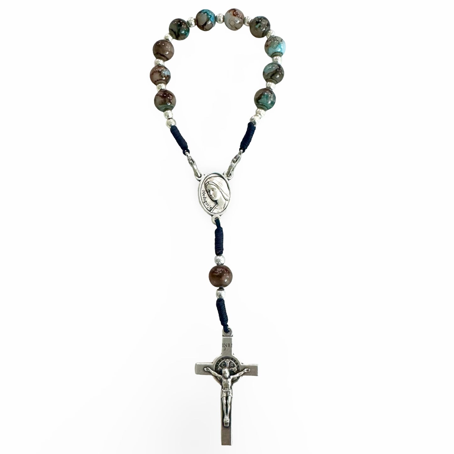 Marble Queen of Peace Cord Decade Rosary with Clasp and St. Benedict Crucifix